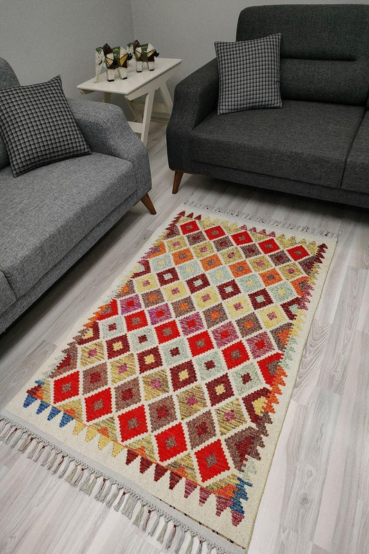 Cotton Serisi Multy Tonlar Otantik Baklava Desenli Dekoratif Dokuma Taban Kilim - HALI VAGONU