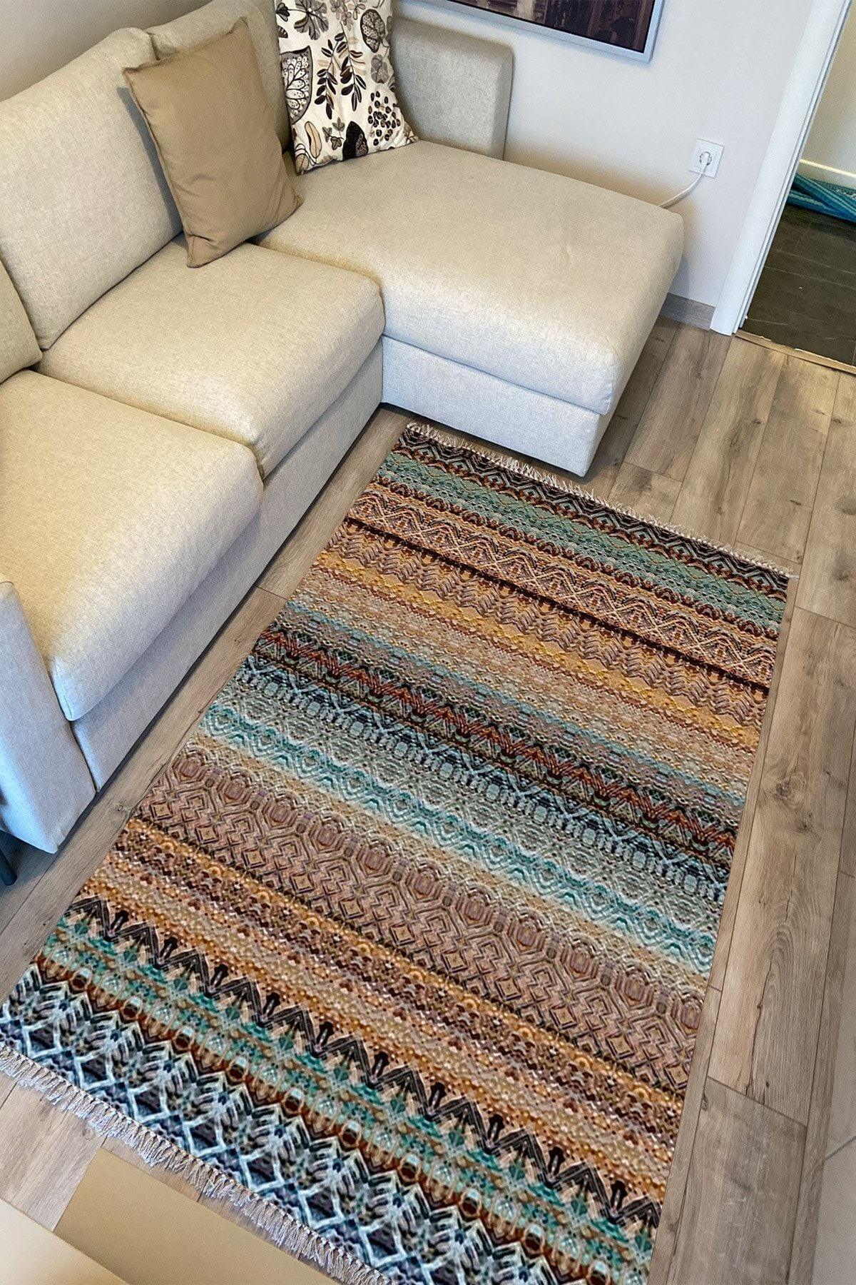 Cotton Serisi Multy Tonların Antik Eskitme Desen Dekoratif Dokuma Taban Kilim - HALI VAGONU