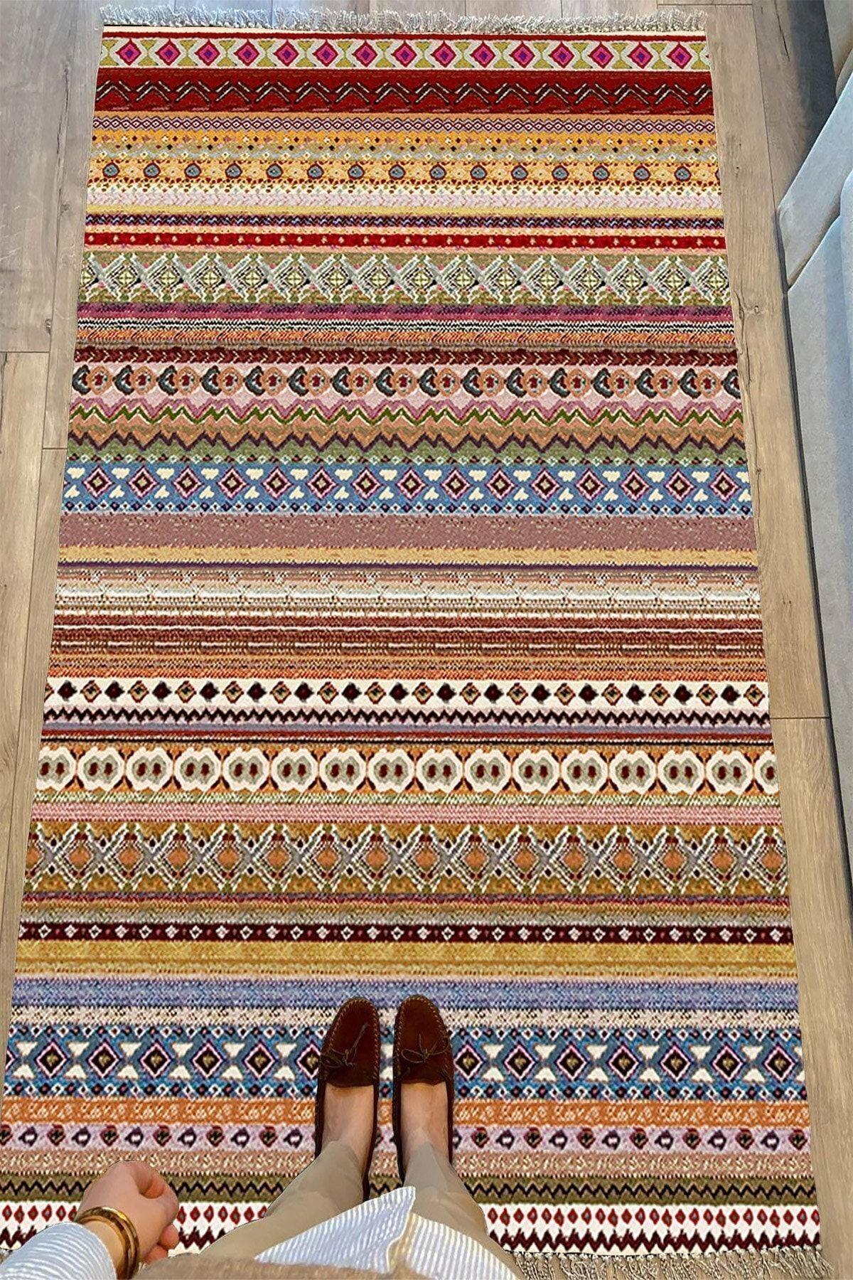 Cotton Serisi Multy Tonlarında Antika Esitme Desenli Dekoratif Dokuma Taban Kilim - HALI VAGONU