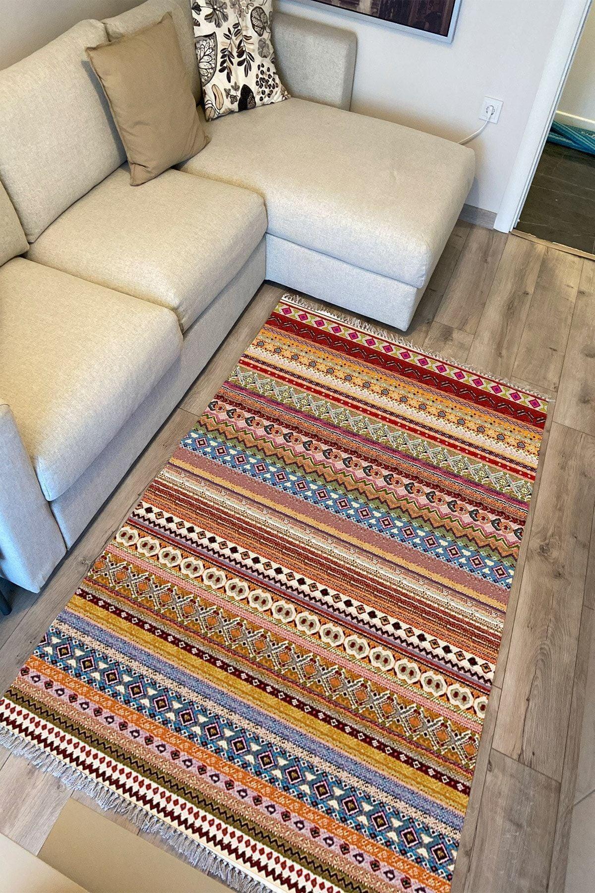 Cotton Serisi Multy Tonlarında Antika Esitme Desenli Dekoratif Dokuma Taban Kilim - HALI VAGONU