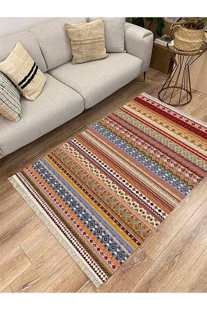 Cotton Serisi Multy Tonlarında Antika Esitme Desenli Dekoratif Dokuma Taban Kilim - HALI VAGONU