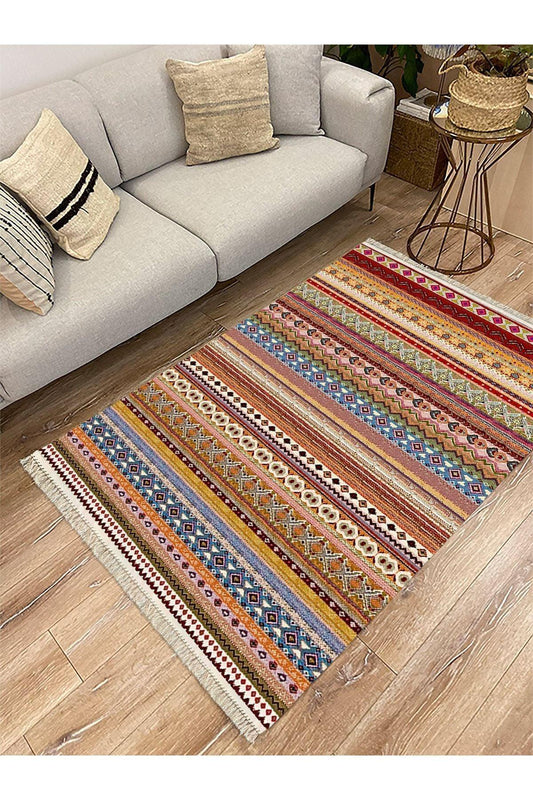 Cotton Serisi Multy Tonlarında Antika Esitme Desenli Dekoratif Dokuma Taban Kilim - HALI VAGONU