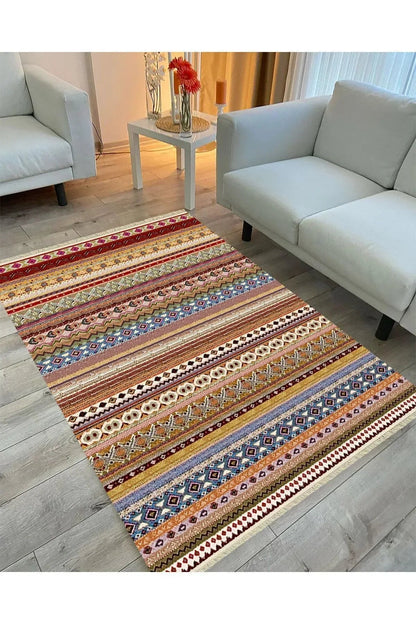 Cotton Serisi Multy Tonlarında Antika Esitme Desenli Dekoratif Dokuma Taban Kilim - HALI VAGONU
