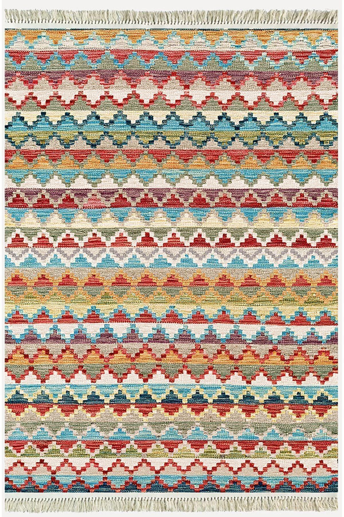 Cotton Serisi Multy Tonlarında Baklava Antika Desenli Dekoratif Dokuma Taban Kilim - HALI VAGONU