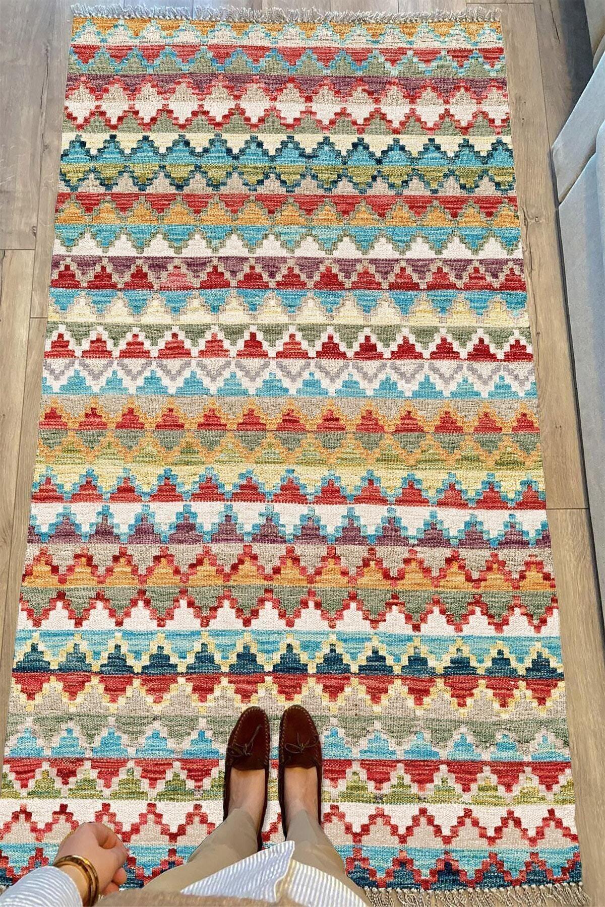 Cotton Serisi Multy Tonlarında Baklava Antika Desenli Dekoratif Dokuma Taban Kilim - HALI VAGONU
