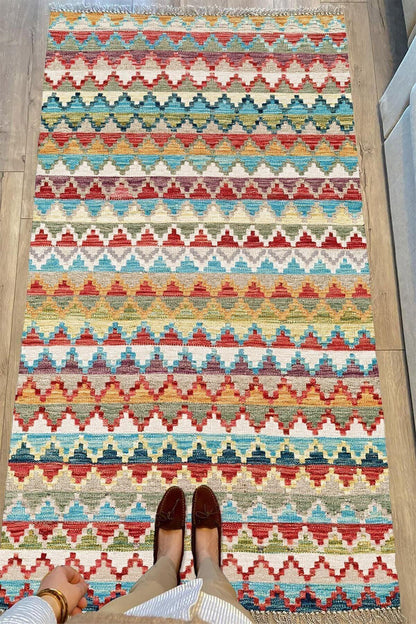 Cotton Serisi Multy Tonlarında Baklava Antika Desenli Dekoratif Dokuma Taban Kilim - HALI VAGONU