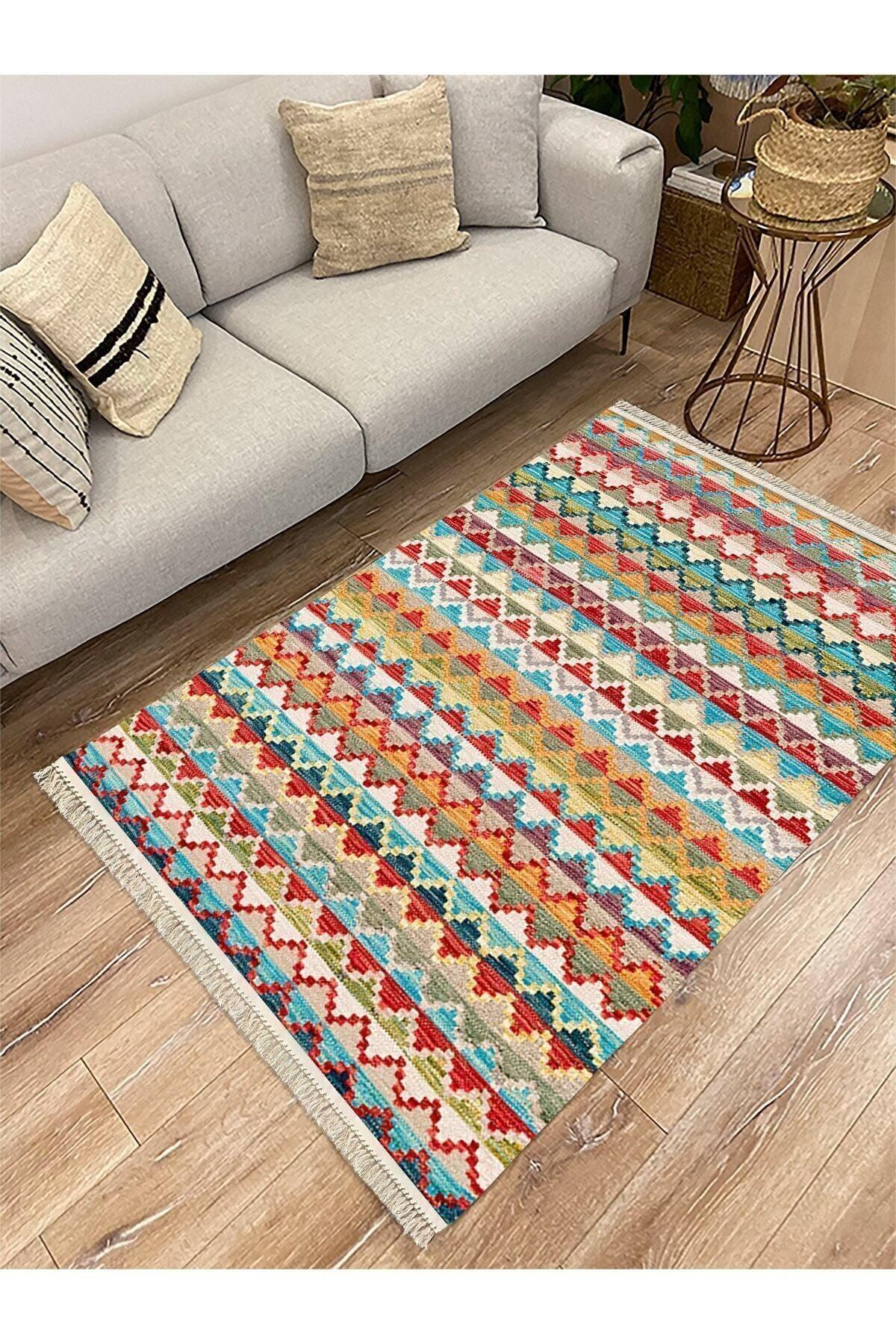 Cotton Serisi Multy Tonlarında Baklava Antika Desenli Dekoratif Dokuma Taban Kilim - HALI VAGONU