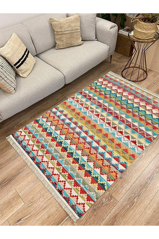 Cotton Serisi Multy Tonlarında Baklava Antika Desenli Dekoratif Dokuma Taban Kilim - HALI VAGONU