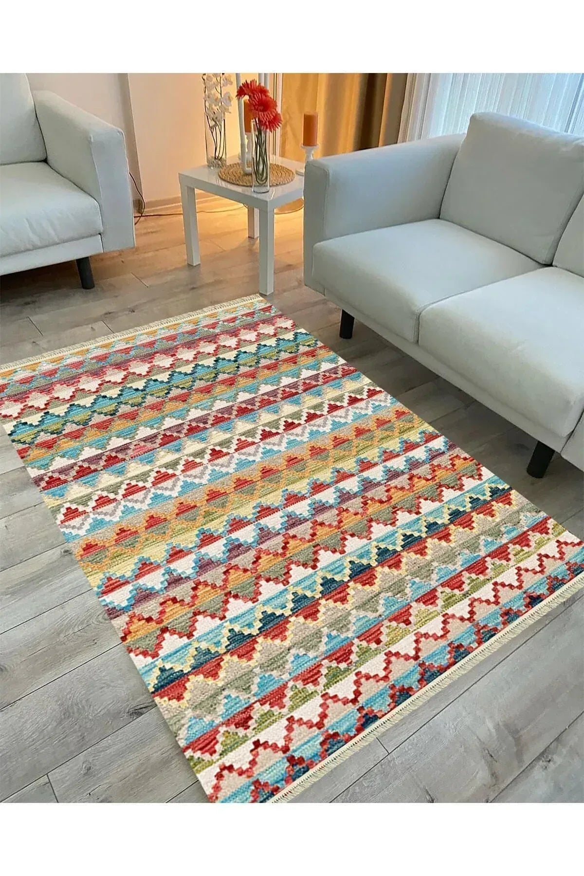 Cotton Serisi Multy Tonlarında Baklava Antika Desenli Dekoratif Dokuma Taban Kilim - HALI VAGONU