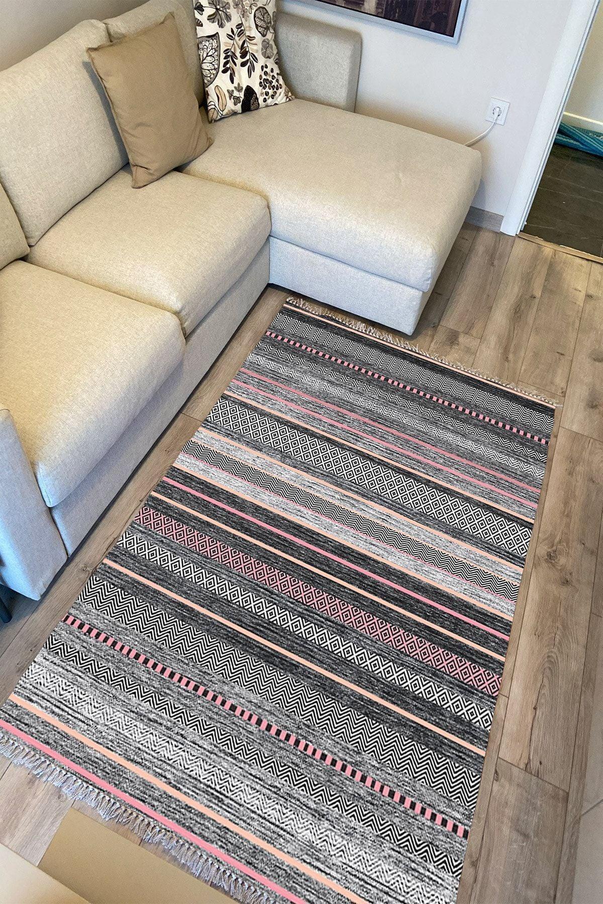 Cotton Serisi Multy Tonlarında Baklava Ve Düz Çizgili Eskitme Desen Dekoratif Dokuma Taban Kilim - HALI VAGONU