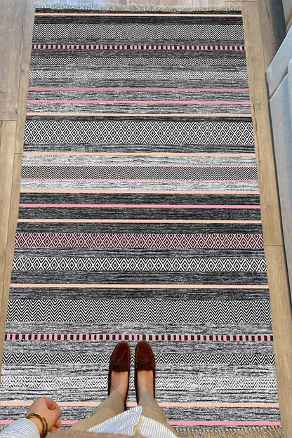 Cotton Serisi Multy Tonlarında Baklava Ve Düz Çizgili Eskitme Desen Dekoratif Dokuma Taban Kilim - HALI VAGONU