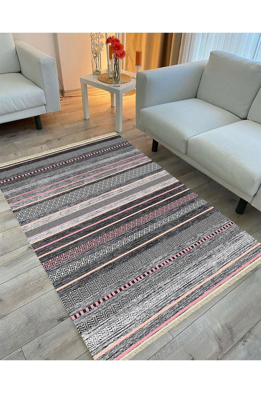 Cotton Serisi Multy Tonlarında Baklava Ve Düz Çizgili Eskitme Desen Dekoratif Dokuma Taban Kilim - HALI VAGONU