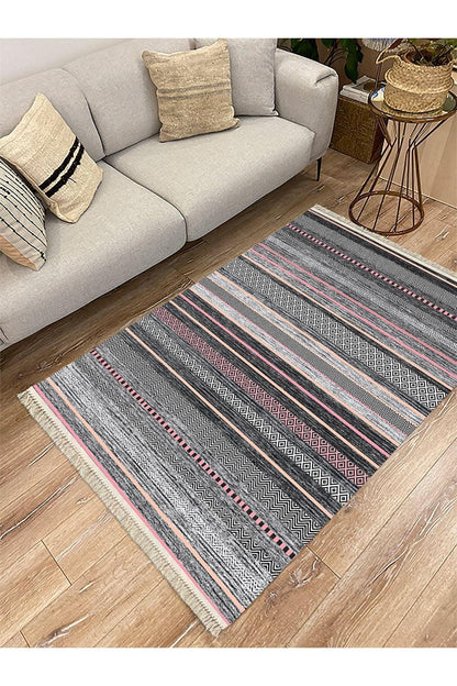 Cotton Serisi Multy Tonlarında Baklava Ve Düz Çizgili Eskitme Desen Dekoratif Dokuma Taban Kilim - HALI VAGONU
