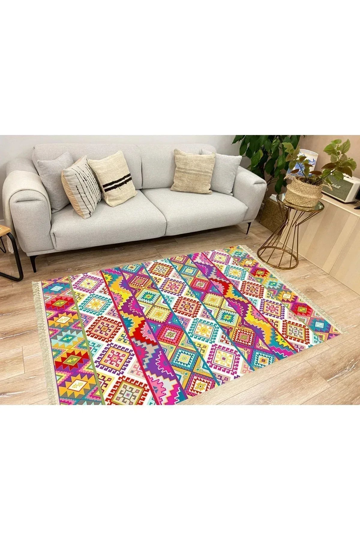 Cotton Serisi Multy Tonlarında Baklavalı Desen Dekoratif Dokuma Taban Kilim - HALI VAGONU