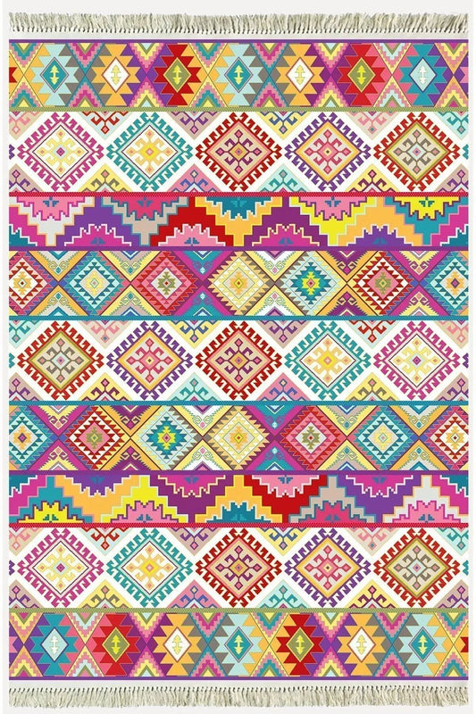 Cotton Serisi Multy Tonlarında Baklavalı Desen Dekoratif Dokuma Taban Kilim - HALI VAGONU