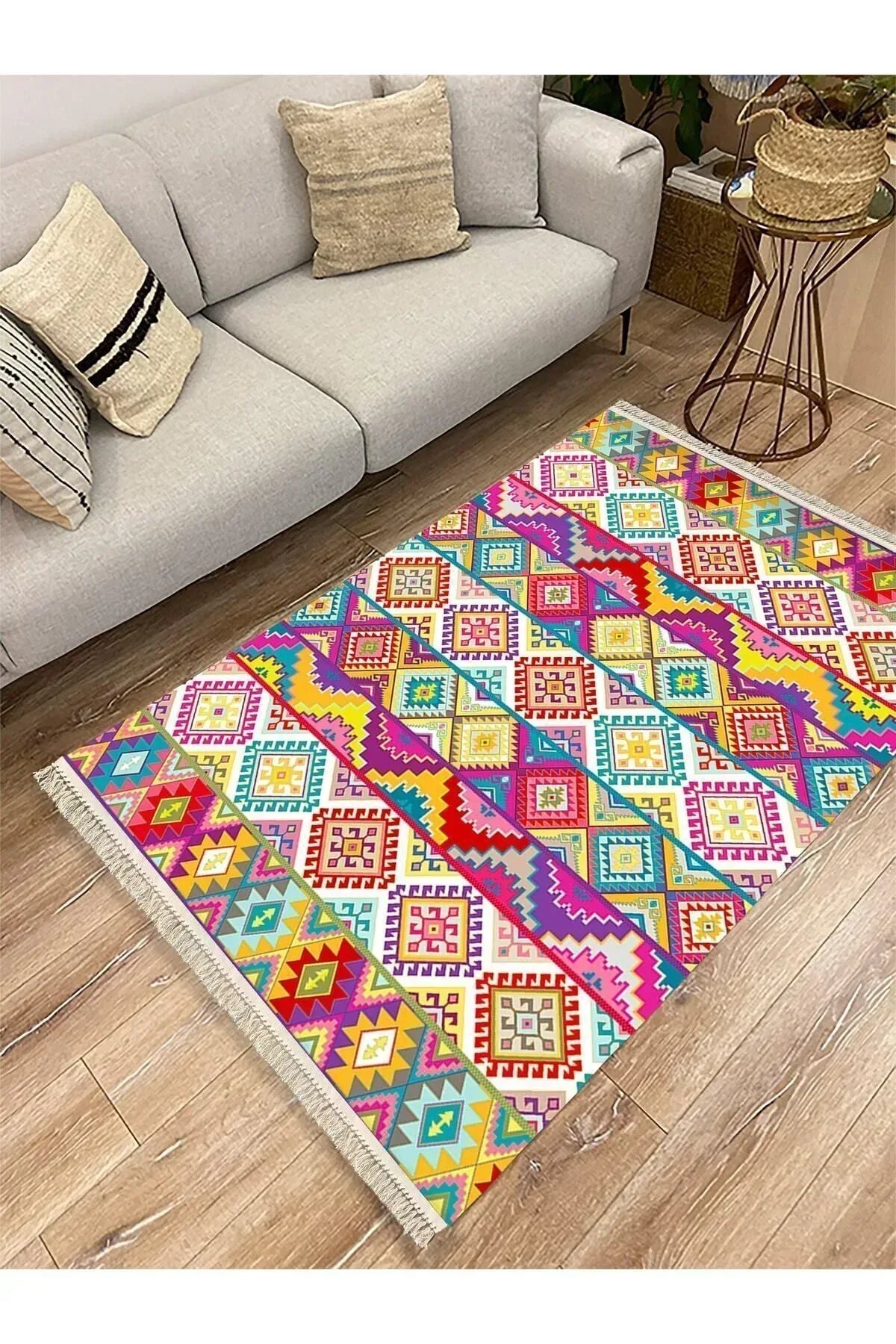Cotton Serisi Multy Tonlarında Baklavalı Desen Dekoratif Dokuma Taban Kilim - HALI VAGONU