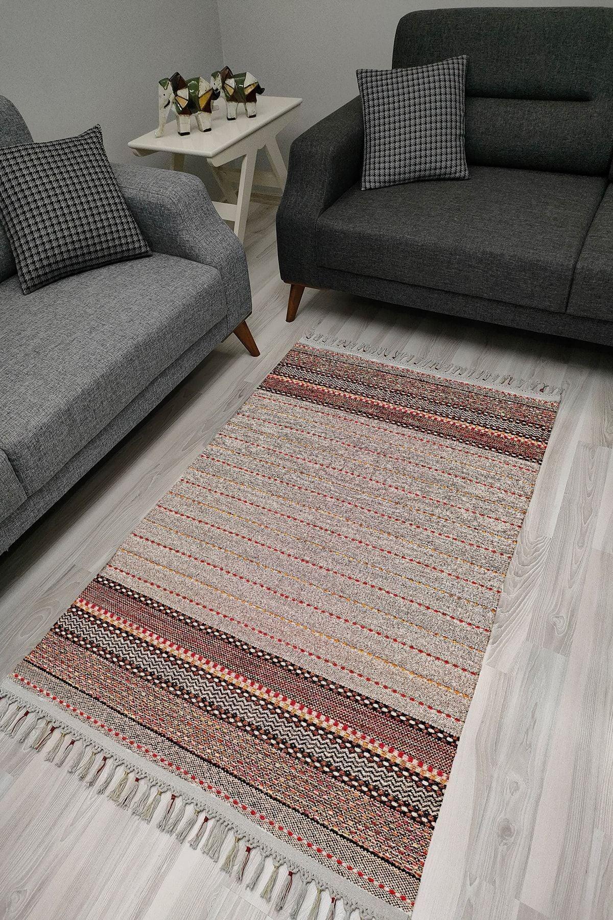 Cotton Serisi Multy Tonlarında Bordürlü Ve Ponpon Eskitme Desenli Dekoratif Dokuma Taban Kilim - HALI VAGONU