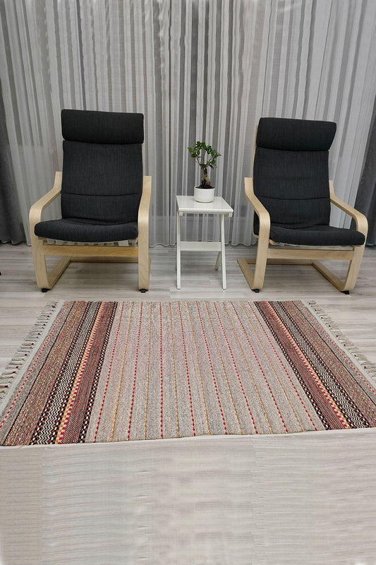 Cotton Serisi Multy Tonlarında Bordürlü Ve Ponpon Eskitme Desenli Dekoratif Dokuma Taban Kilim - HALI VAGONU