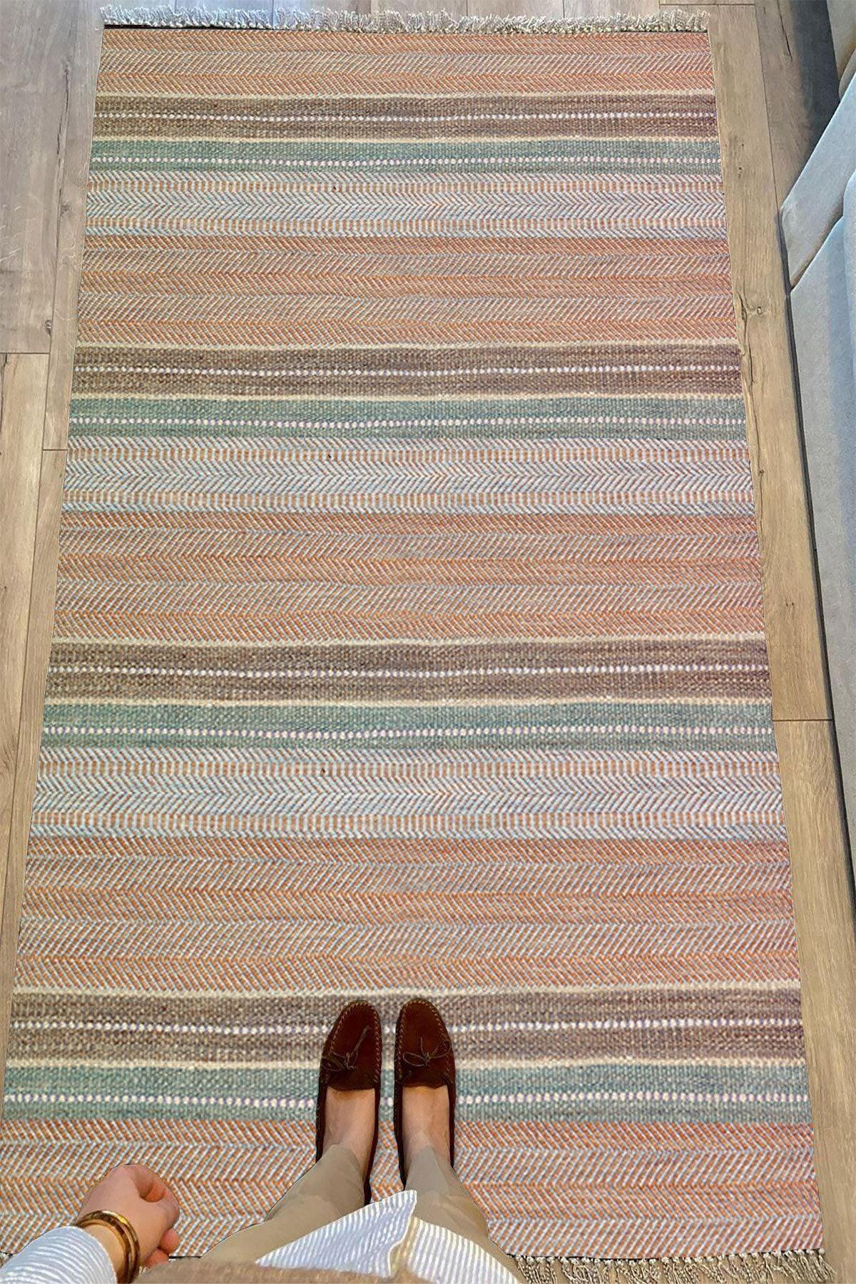 Cotton Serisi Multy Tonlarında Çizgili Eskitme Etnik Desenli Dekoratif Dokuma Taban Kilim - HALI VAGONU