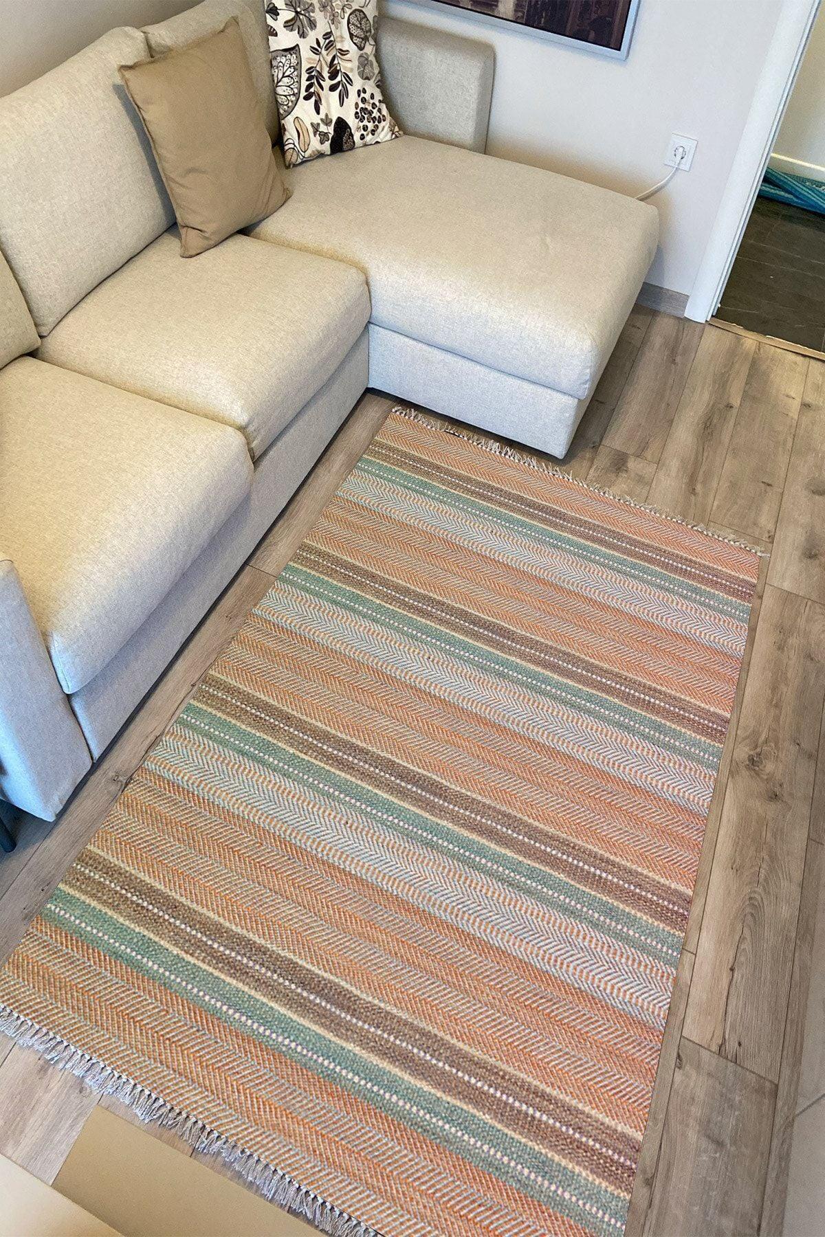 Cotton Serisi Multy Tonlarında Çizgili Eskitme Etnik Desenli Dekoratif Dokuma Taban Kilim - HALI VAGONU