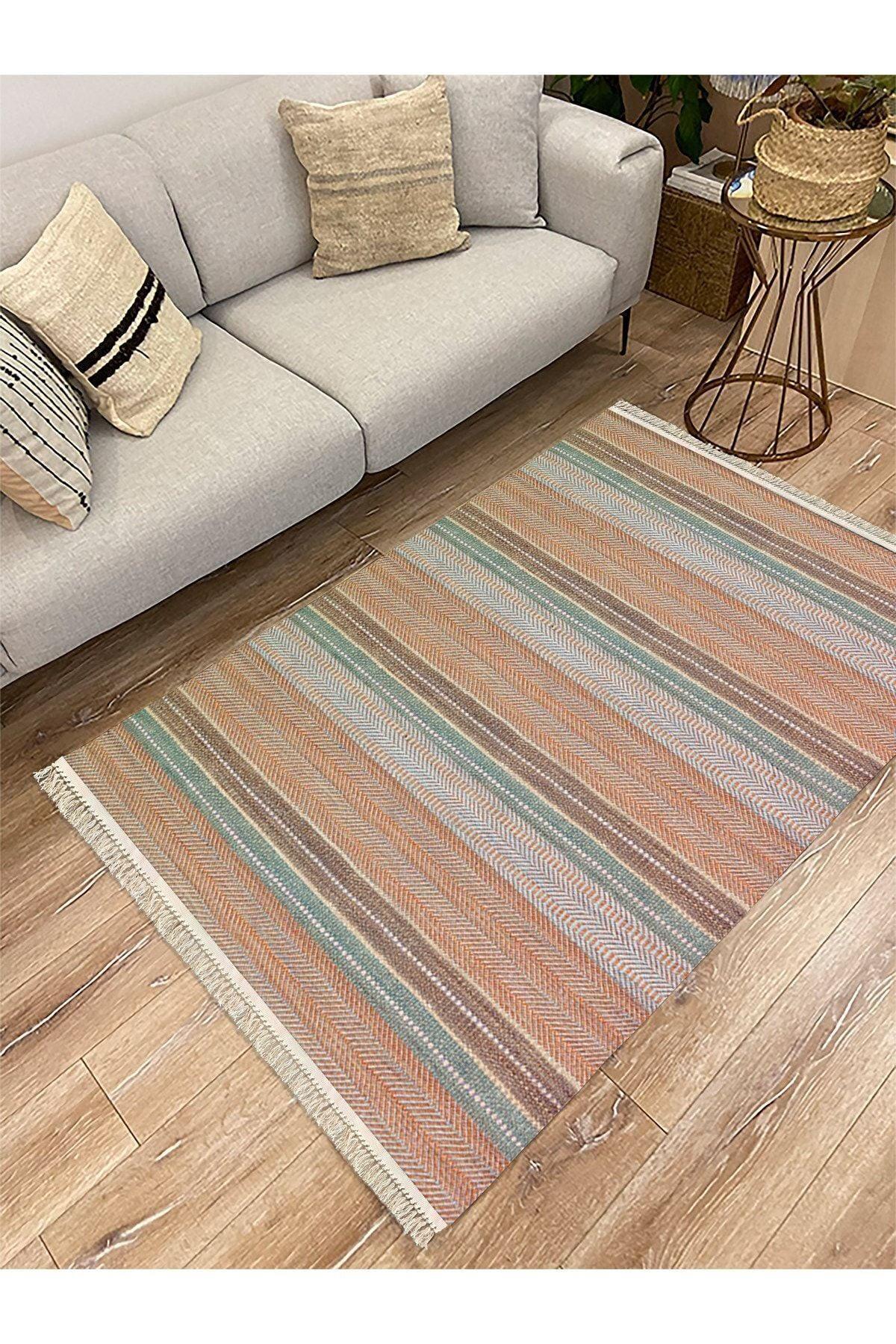 Cotton Serisi Multy Tonlarında Çizgili Eskitme Etnik Desenli Dekoratif Dokuma Taban Kilim - HALI VAGONU