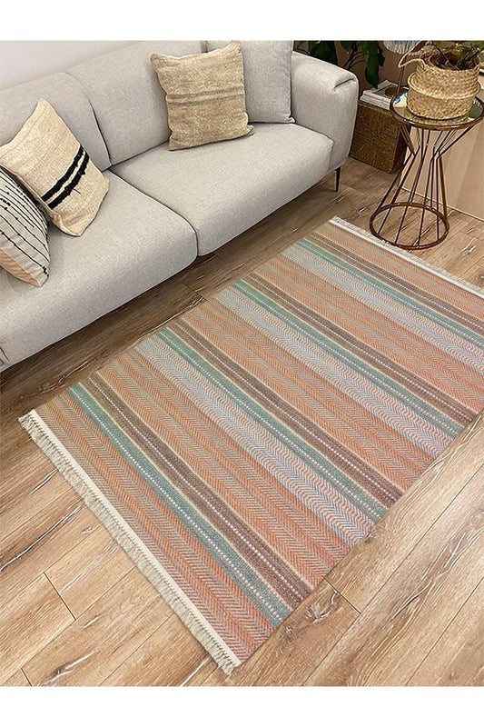 Cotton Serisi Multy Tonlarında Çizgili Eskitme Etnik Desenli Dekoratif Dokuma Taban Kilim - HALI VAGONU