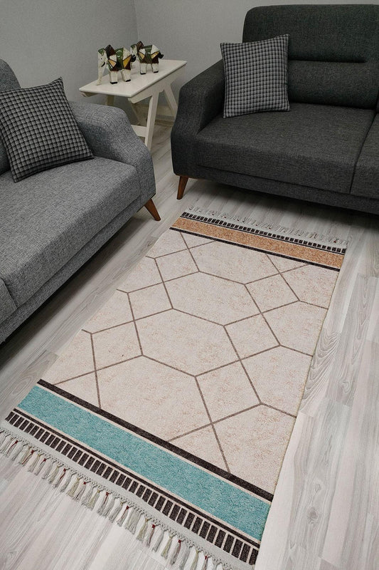 Cotton Serisi Multy Tonlarında Çokgen Eskitme Desen Dekoratif Dokuma Taban Kilim - HALI VAGONU