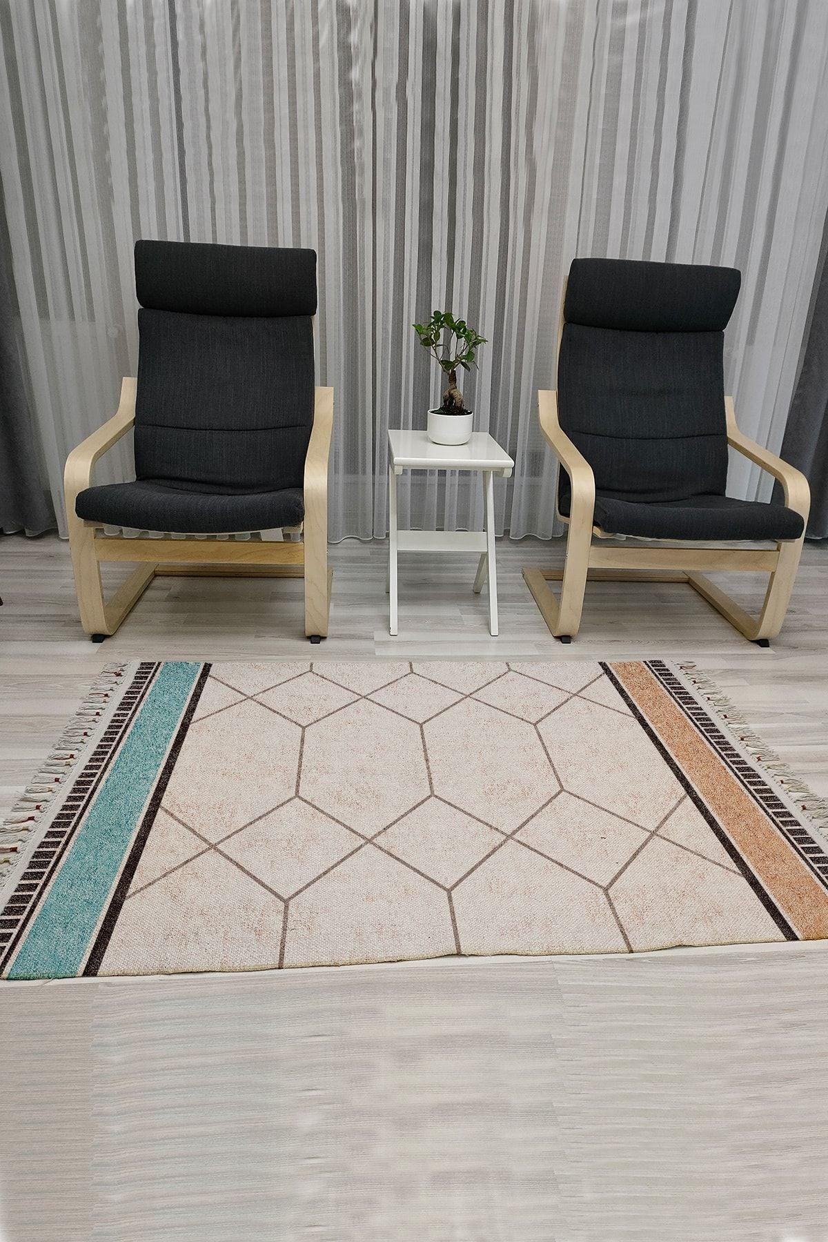 Cotton Serisi Multy Tonlarında Çokgen Eskitme Desen Dekoratif Dokuma Taban Kilim - HALI VAGONU