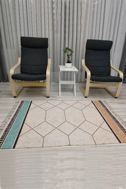 Cotton Serisi Multy Tonlarında Çokgen Eskitme Desen Dekoratif Dokuma Taban Kilim - HALI VAGONU