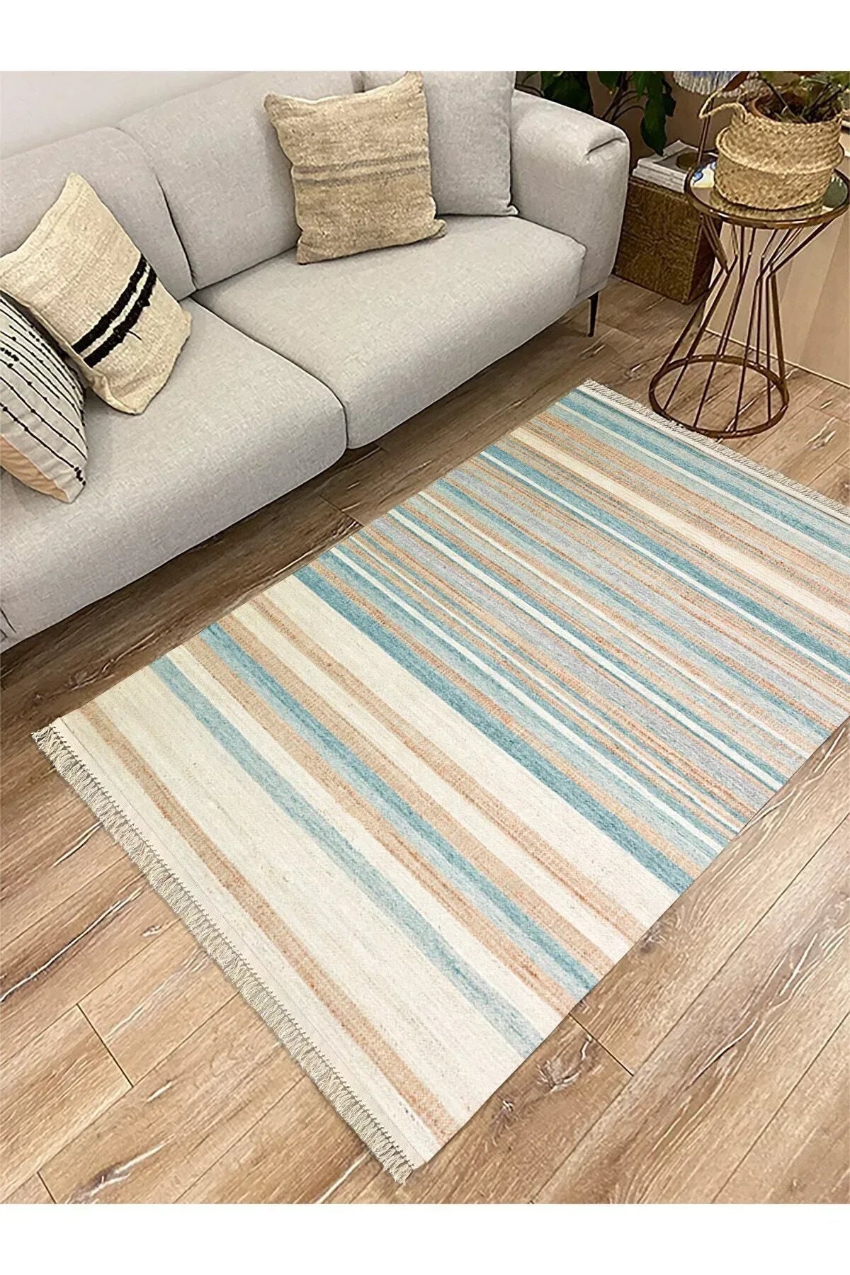 Cotton Serisi Multy Tonlarında Düz Çıtır Çizgili Eskitme Desen Dekoratif Dokuma Taban Kilim - HALI VAGONU