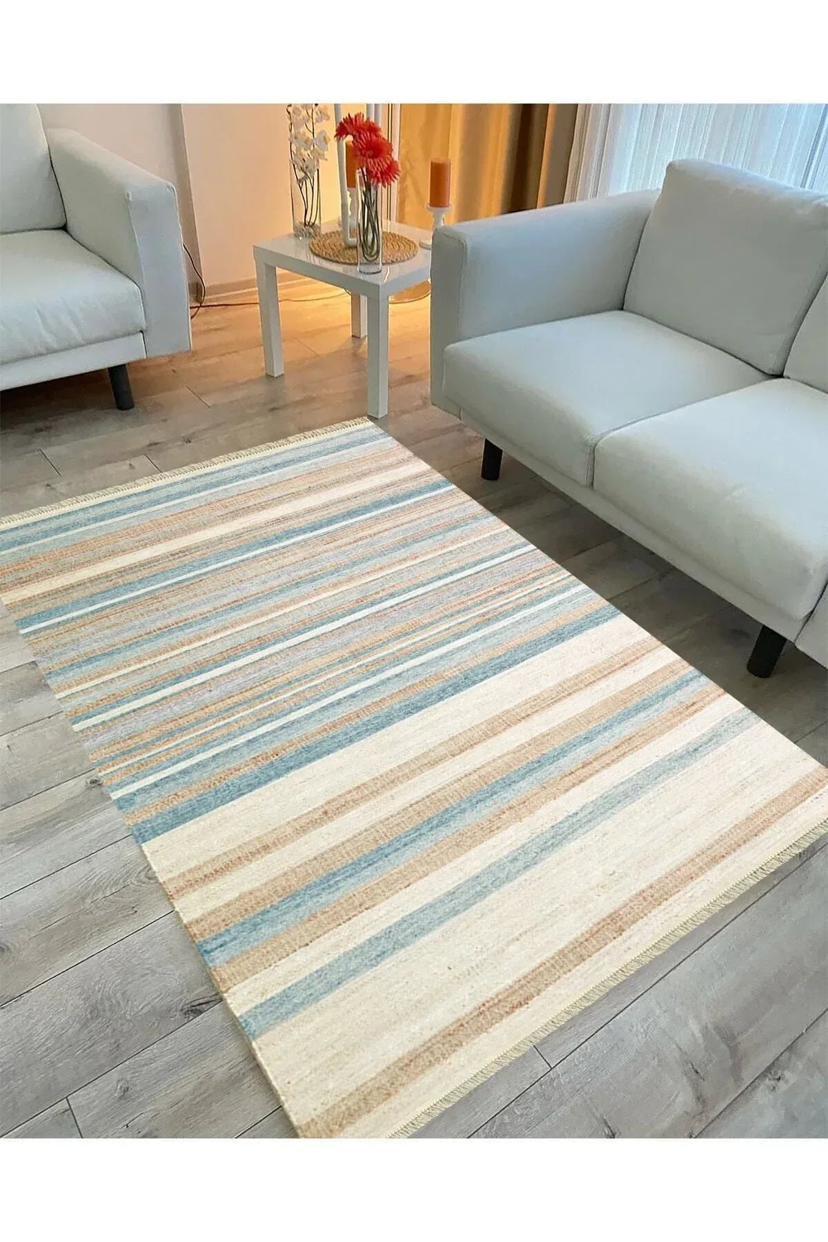 Cotton Serisi Multy Tonlarında Düz Çıtır Çizgili Eskitme Desen Dekoratif Dokuma Taban Kilim - HALI VAGONU