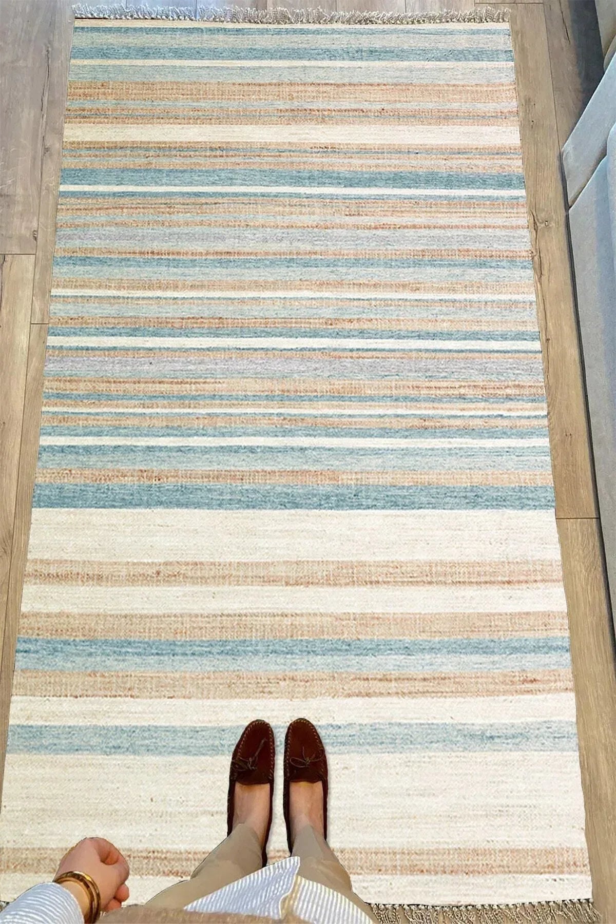 Cotton Serisi Multy Tonlarında Düz Çıtır Çizgili Eskitme Desen Dekoratif Dokuma Taban Kilim - HALI VAGONU
