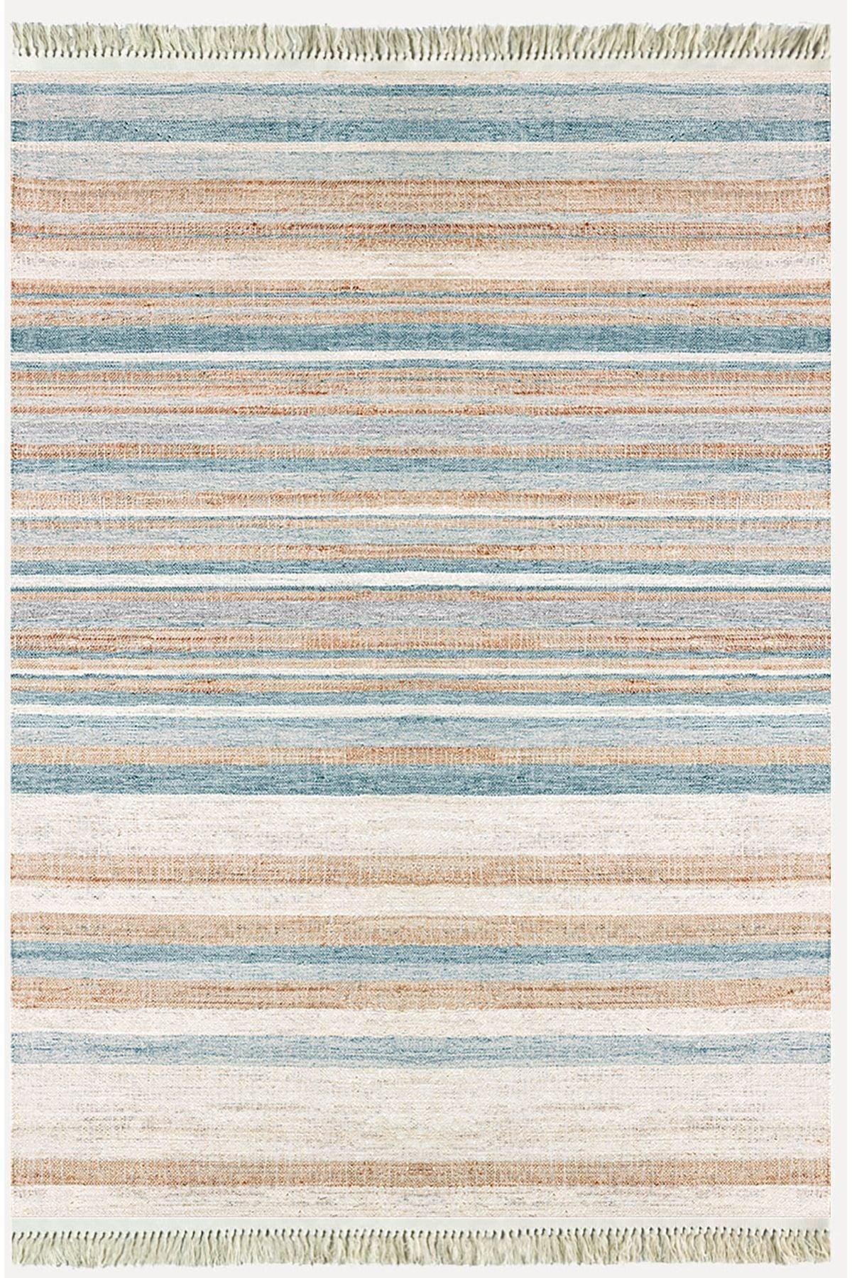 Cotton Serisi Multy Tonlarında Düz Çıtır Çizgili Eskitme Desen Dekoratif Dokuma Taban Kilim - HALI VAGONU