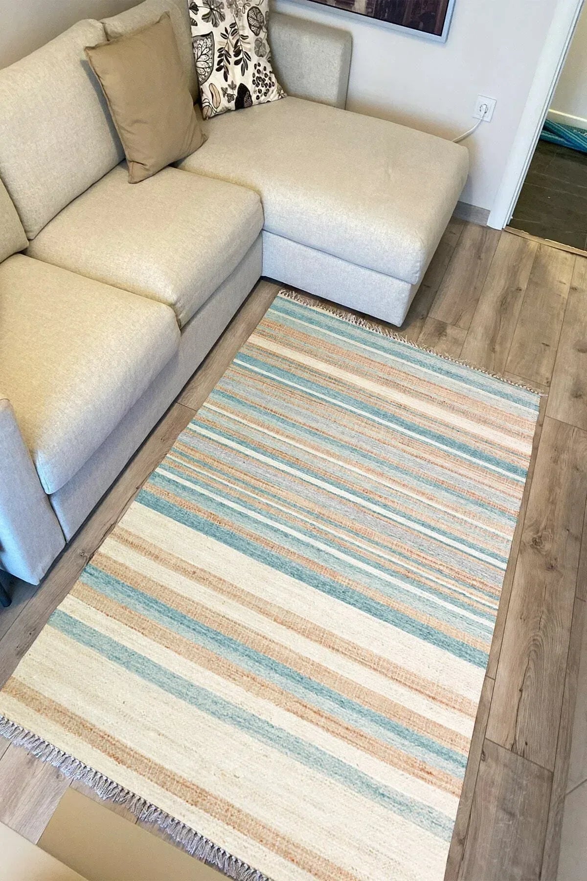 Cotton Serisi Multy Tonlarında Düz Çıtır Çizgili Eskitme Desen Dekoratif Dokuma Taban Kilim - HALI VAGONU