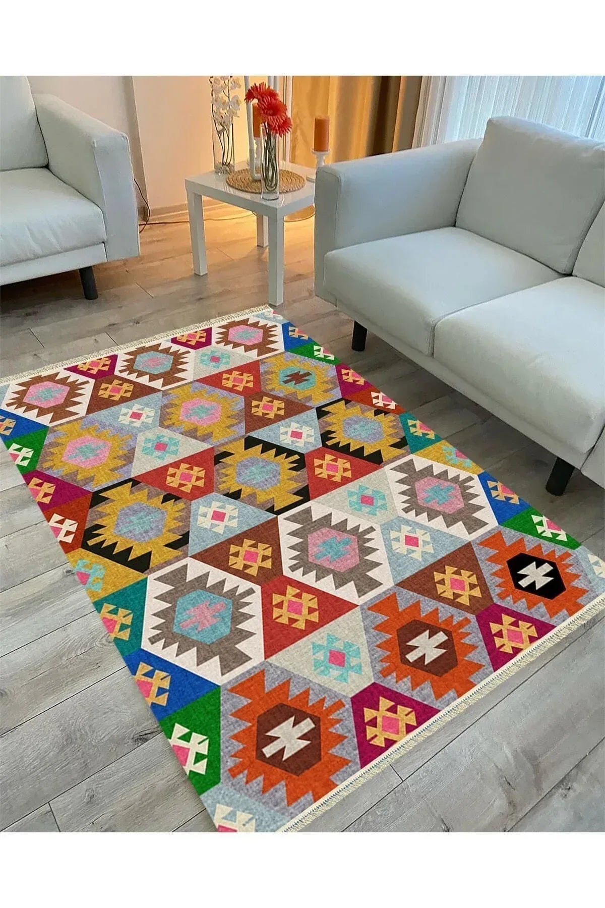 Cotton Serisi Multy Tonlarında Eskitme Desen Dekoratif Dokuma Taban Kilim - HALI VAGONU