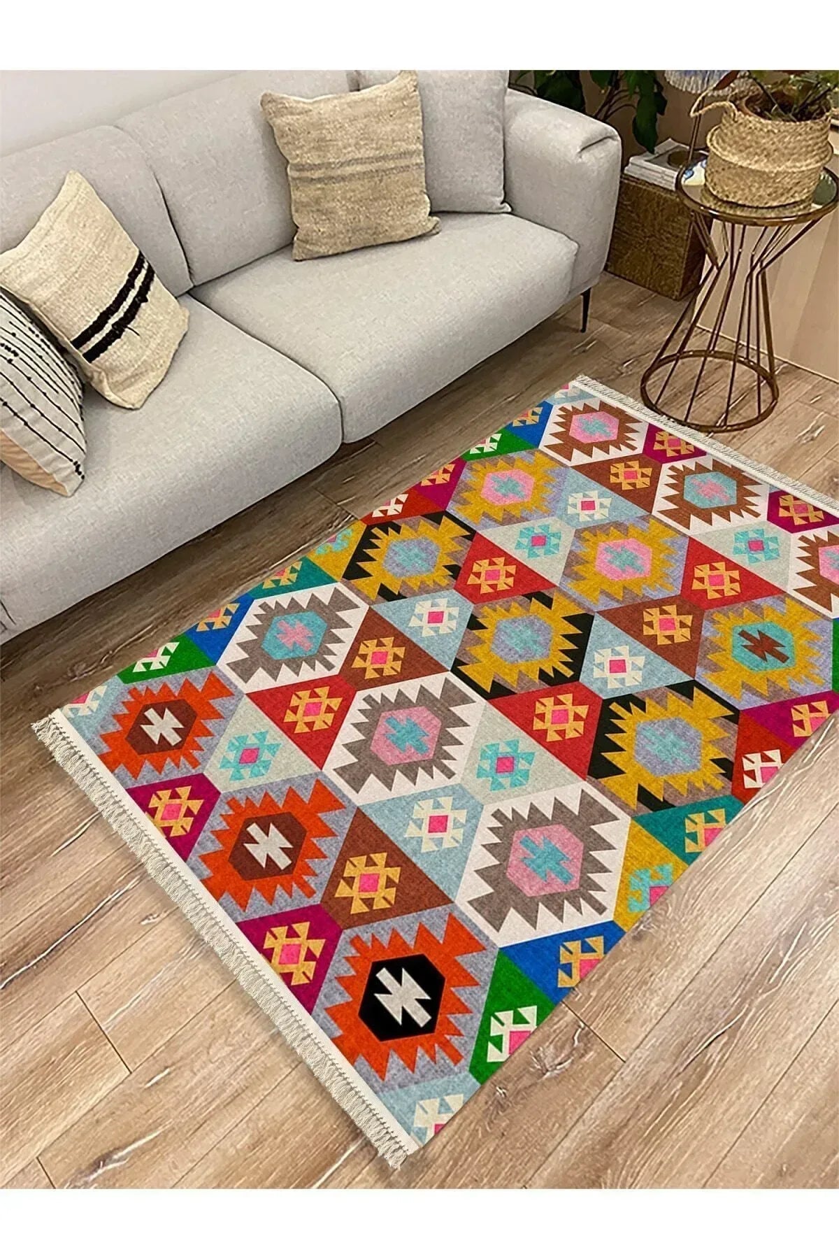 Cotton Serisi Multy Tonlarında Eskitme Desen Dekoratif Dokuma Taban Kilim - HALI VAGONU