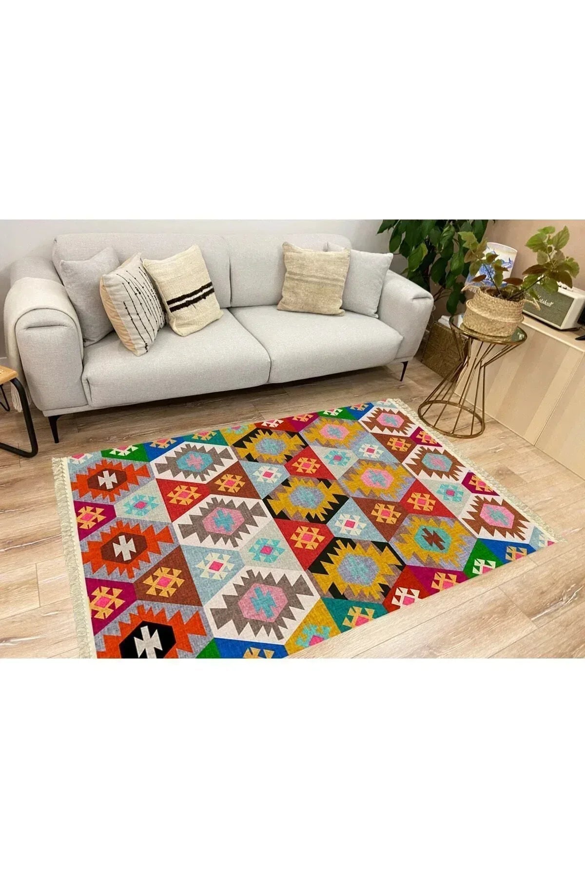Cotton Serisi Multy Tonlarında Eskitme Desen Dekoratif Dokuma Taban Kilim - HALI VAGONU