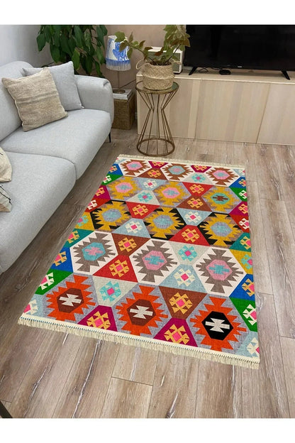 Cotton Serisi Multy Tonlarında Eskitme Desen Dekoratif Dokuma Taban Kilim - HALI VAGONU