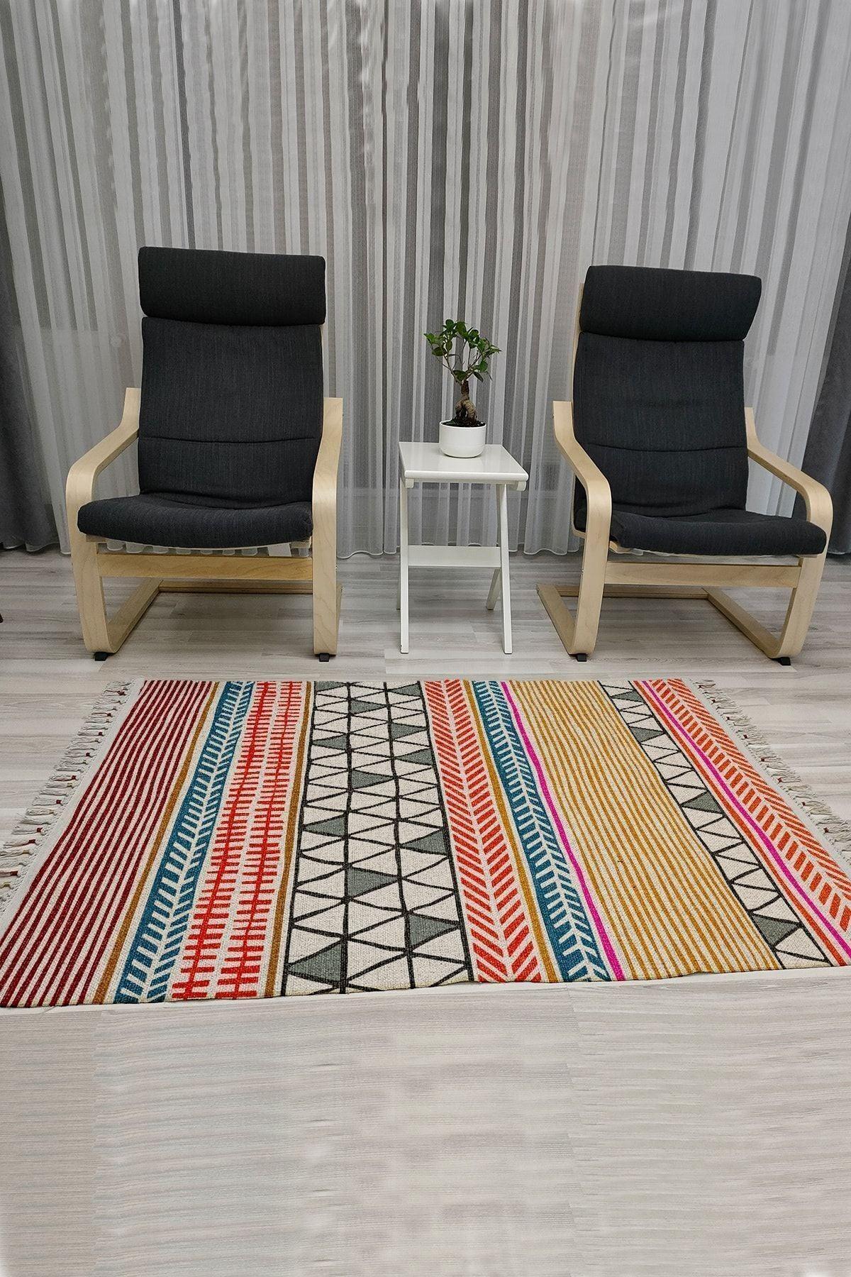 Cotton Serisi Multy Tonlarında Eskitme Geometrik Otantik Desenli Dekoratif Dokuma Taban Kilim - HALI VAGONU