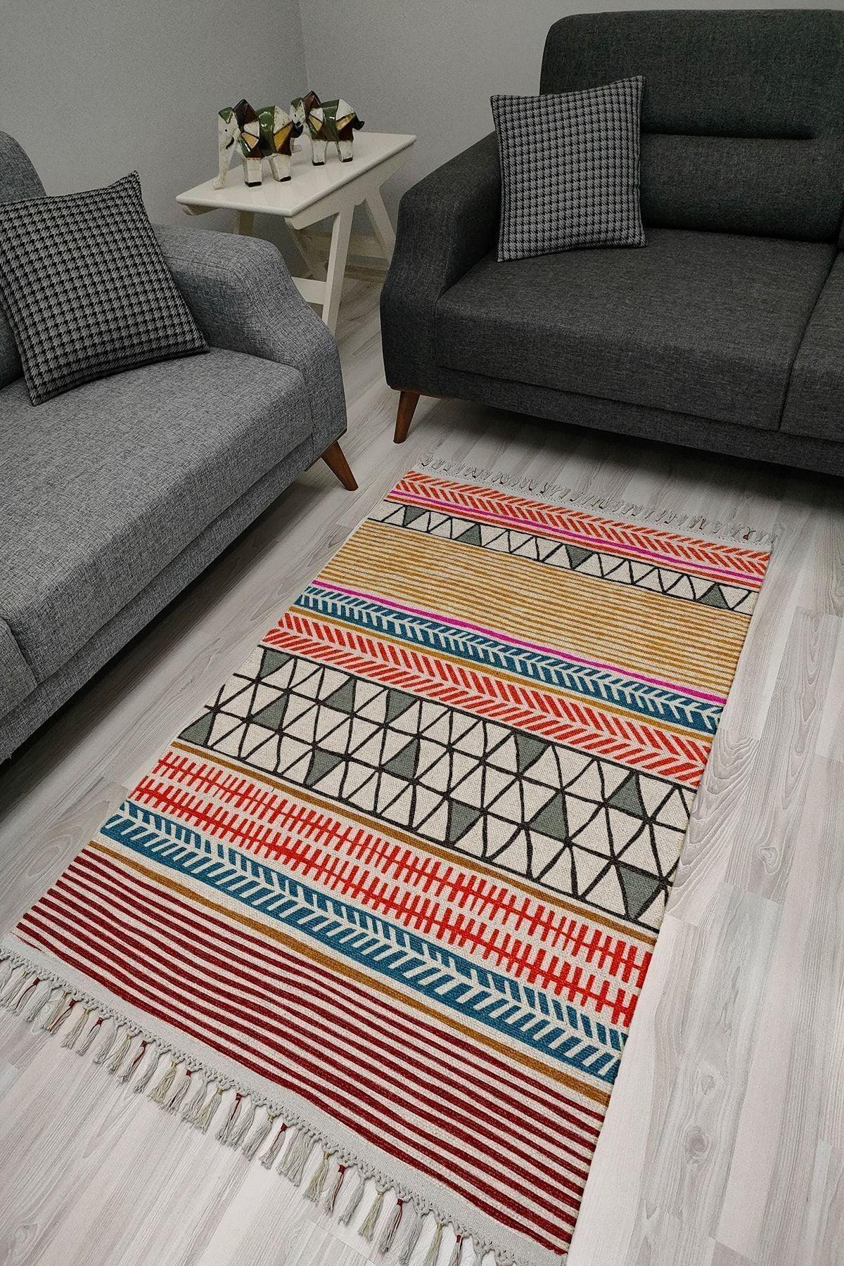 Cotton Serisi Multy Tonlarında Eskitme Geometrik Otantik Desenli Dekoratif Dokuma Taban Kilim - HALI VAGONU