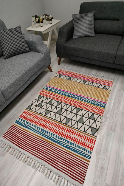 Cotton Serisi Multy Tonlarında Eskitme Geometrik Otantik Desenli Dekoratif Dokuma Taban Kilim - HALI VAGONU