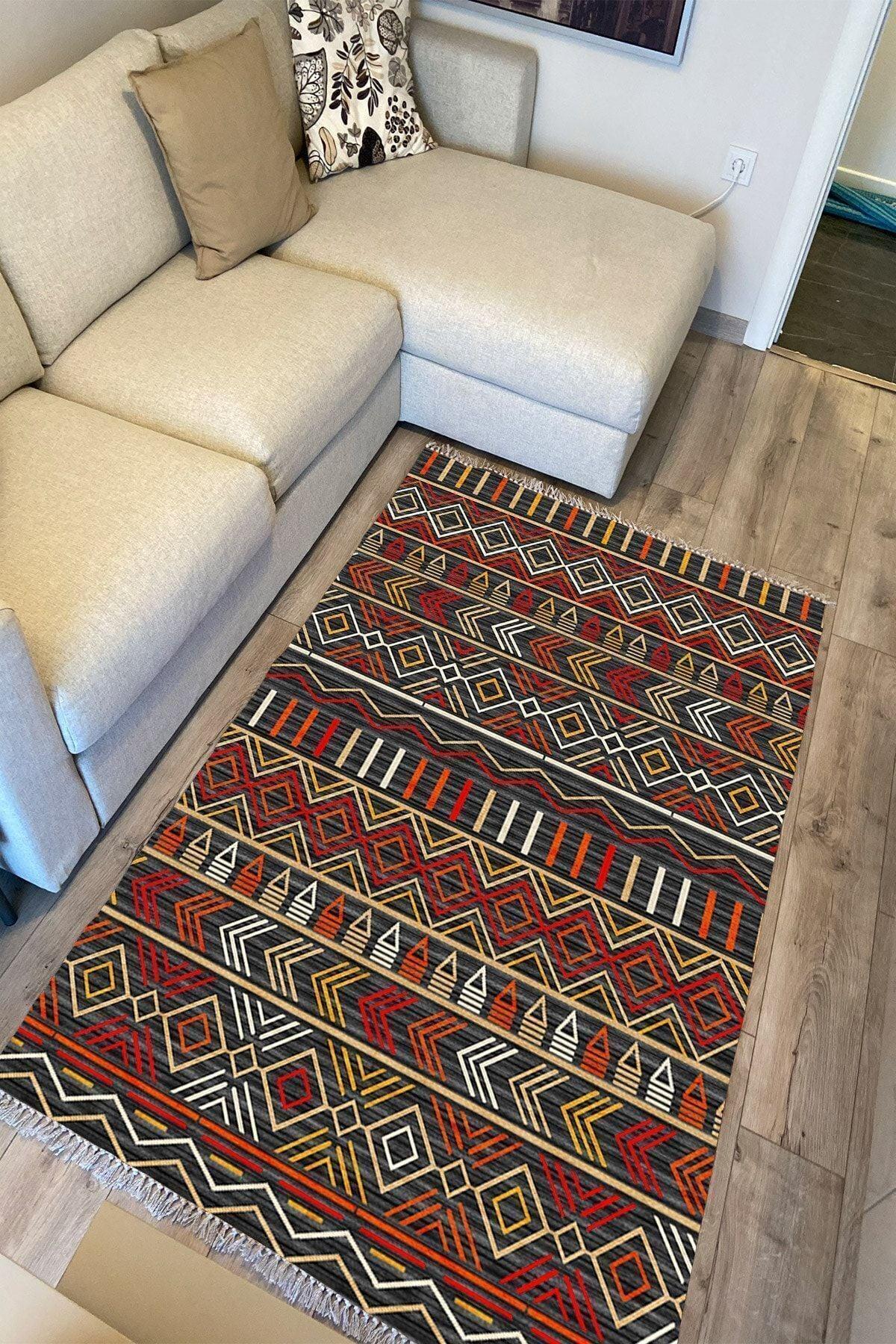 Cotton Serisi Multy Tonlarında Etnik Iskandinav Eskitme Desen Dekoratif Dokuma Taban Kilim - HALI VAGONU