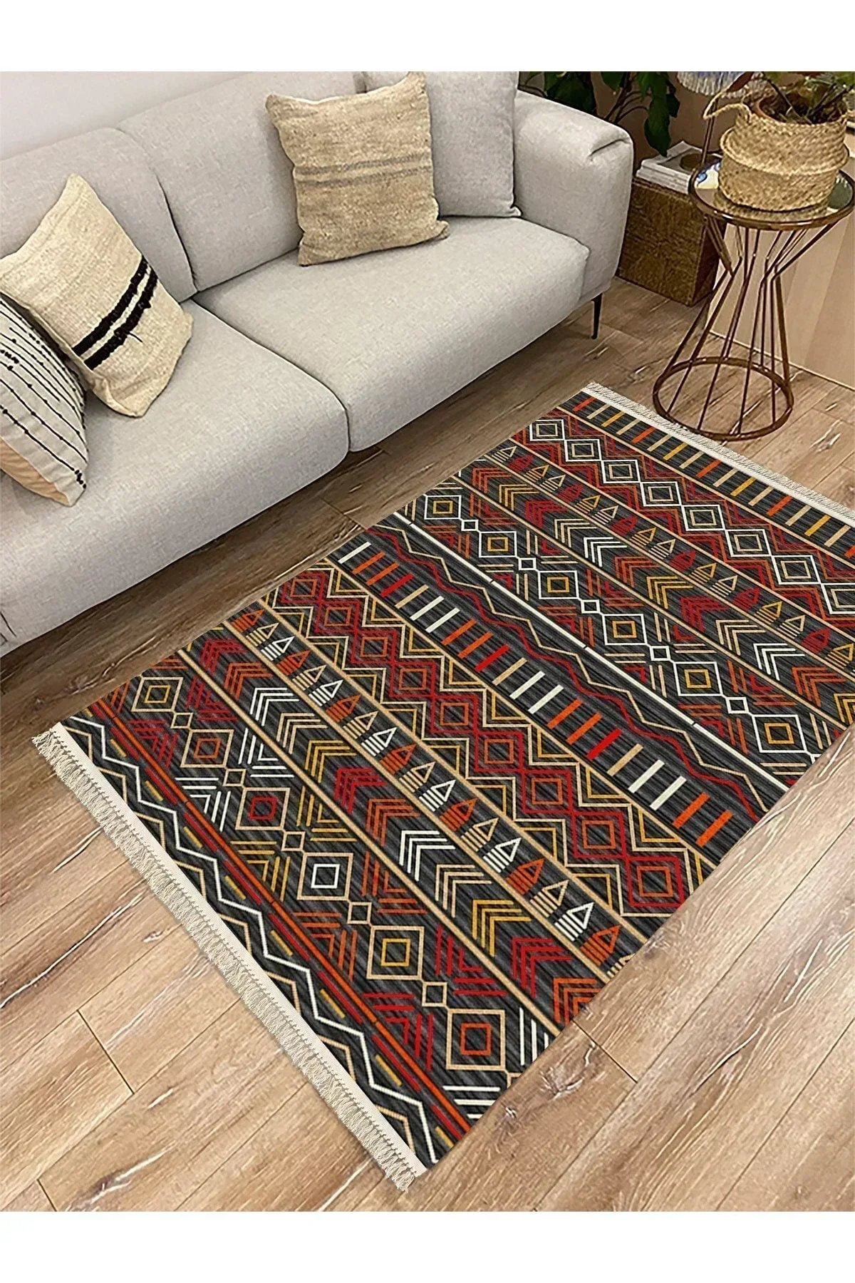 Cotton Serisi Multy Tonlarında Etnik Iskandinav Eskitme Desen Dekoratif Dokuma Taban Kilim - HALI VAGONU
