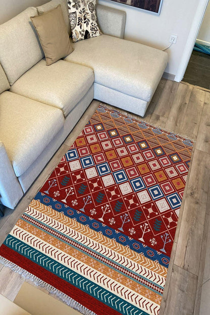 Cotton Serisi Multy Tonlarında Geometrik Antika Desenli Çift Taraflı Dekoratif Dokuma Taban Kilim - HALI VAGONU