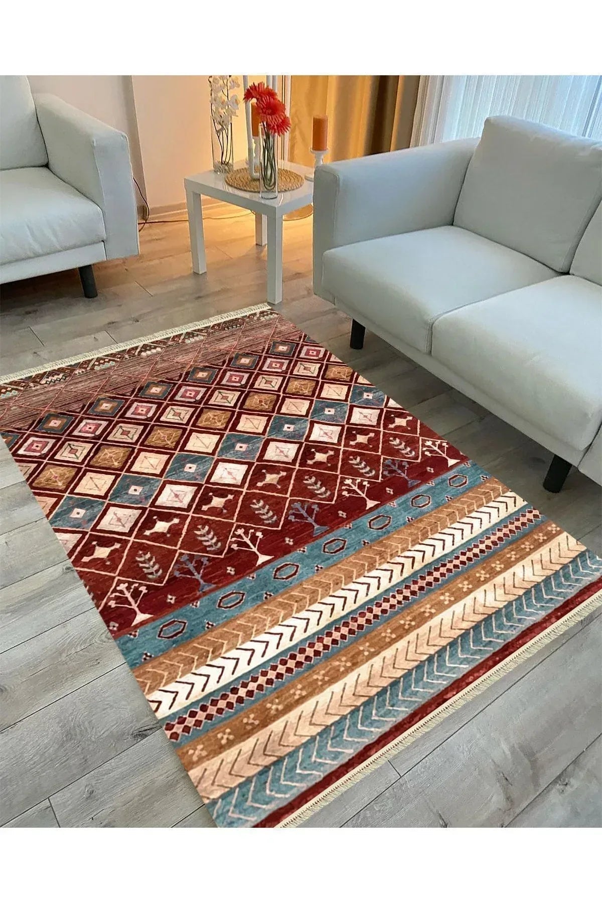 Cotton Serisi Multy Tonlarında Geometrik Antika Desenli Çift Taraflı Dekoratif Dokuma Taban Kilim - HALI VAGONU