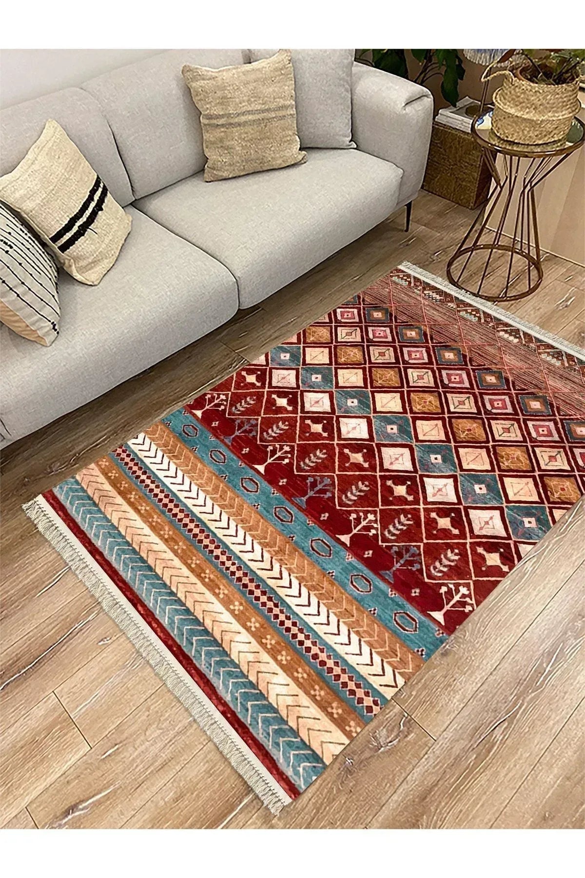 Cotton Serisi Multy Tonlarında Geometrik Antika Desenli Çift Taraflı Dekoratif Dokuma Taban Kilim - HALI VAGONU