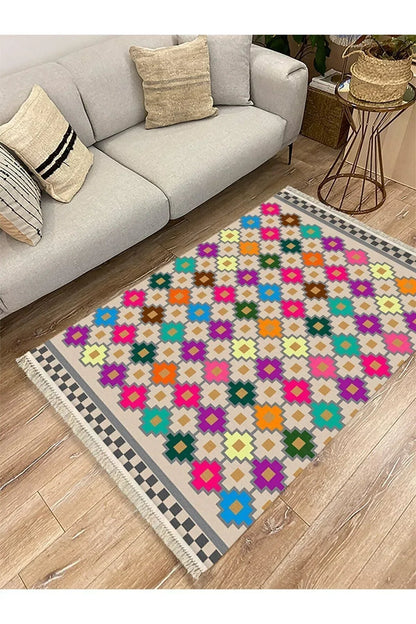 Cotton Serisi Multy Tonlarında Geometrik Baklava Desen Dekoratif Dokuma Taban Kilim - HALI VAGONU
