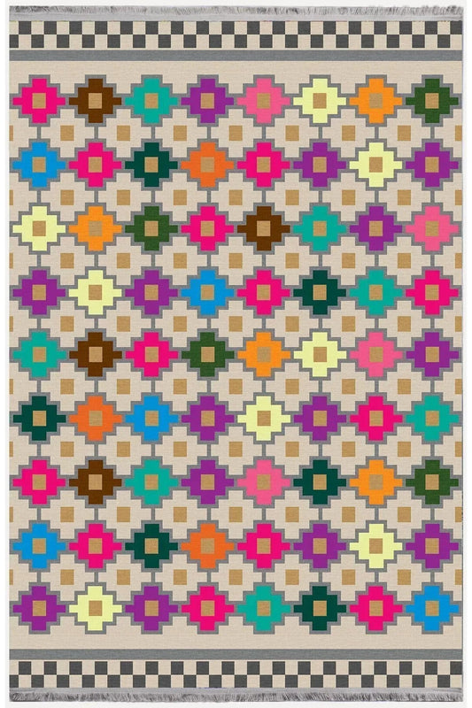 Cotton Serisi Multy Tonlarında Geometrik Baklava Desen Dekoratif Dokuma Taban Kilim - HALI VAGONU