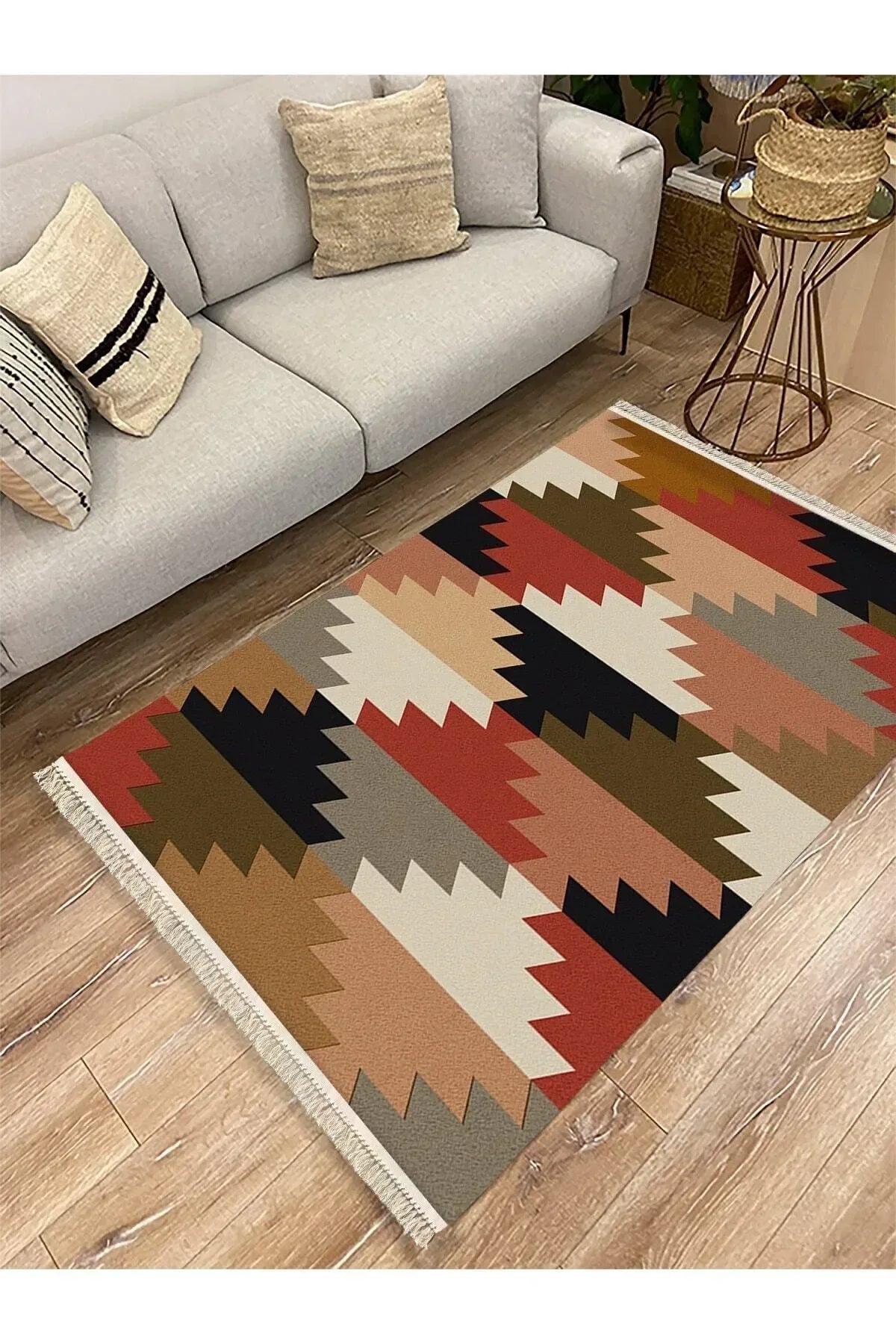 Cotton Serisi Multy Tonlarında Geometrik Baklavalı Desen Dekoratif Dokuma Taban Kilim - HALI VAGONU