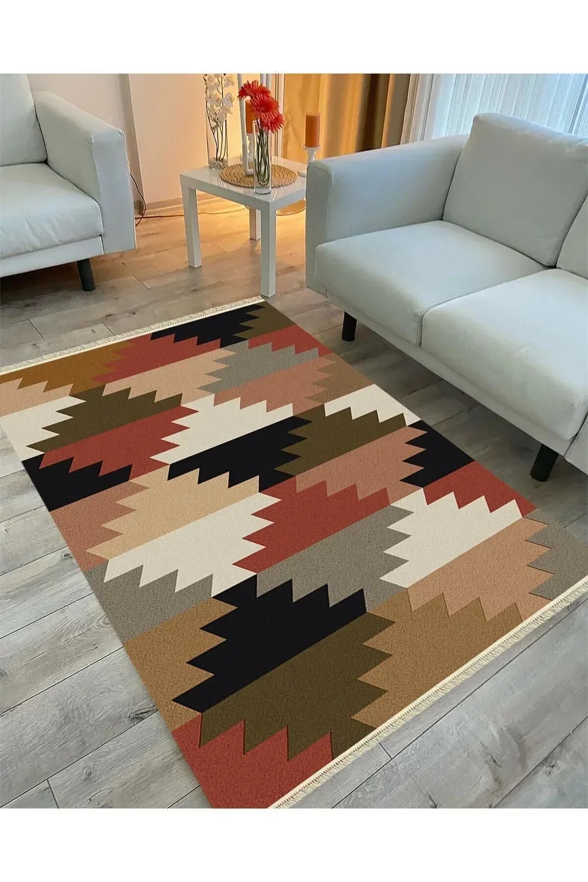 Cotton Serisi Multy Tonlarında Geometrik Baklavalı Desen Dekoratif Dokuma Taban Kilim - HALI VAGONU